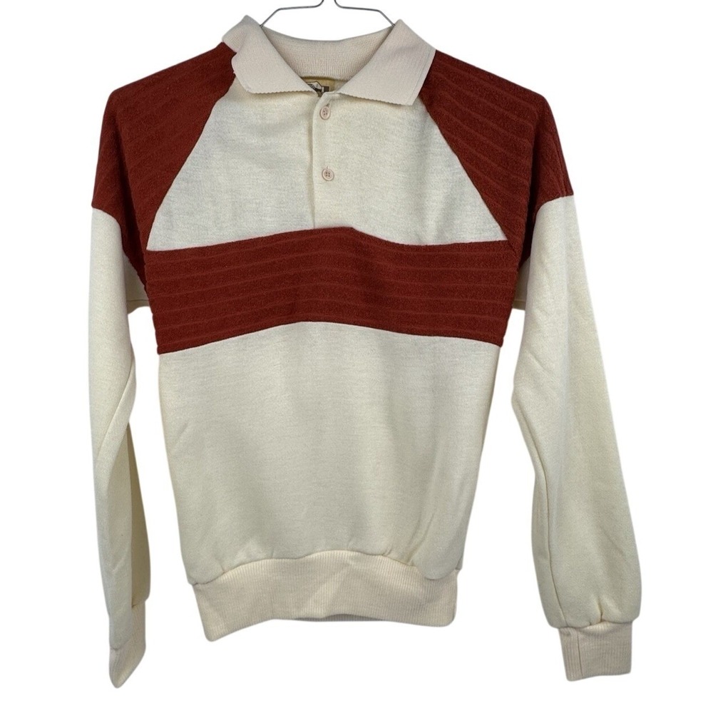 VTG 70's Cream‎ Rust Collared Sweater Hipster Disco Retro Dad A Trifle Bit XS/S